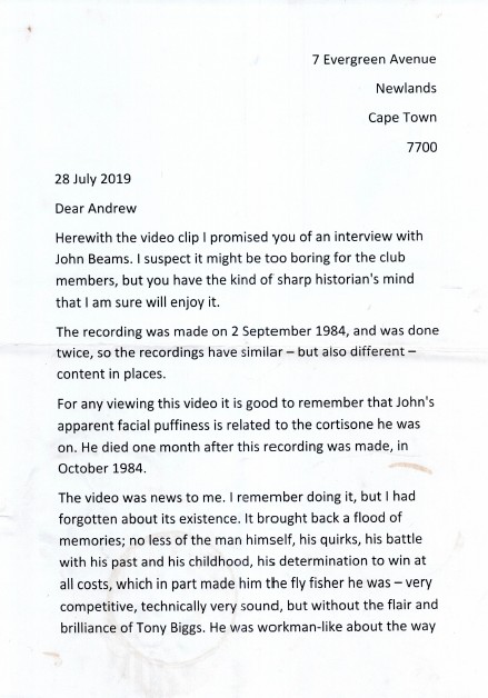 a letter from Tom Sutcliffe to Andrew Fowler about John Beams