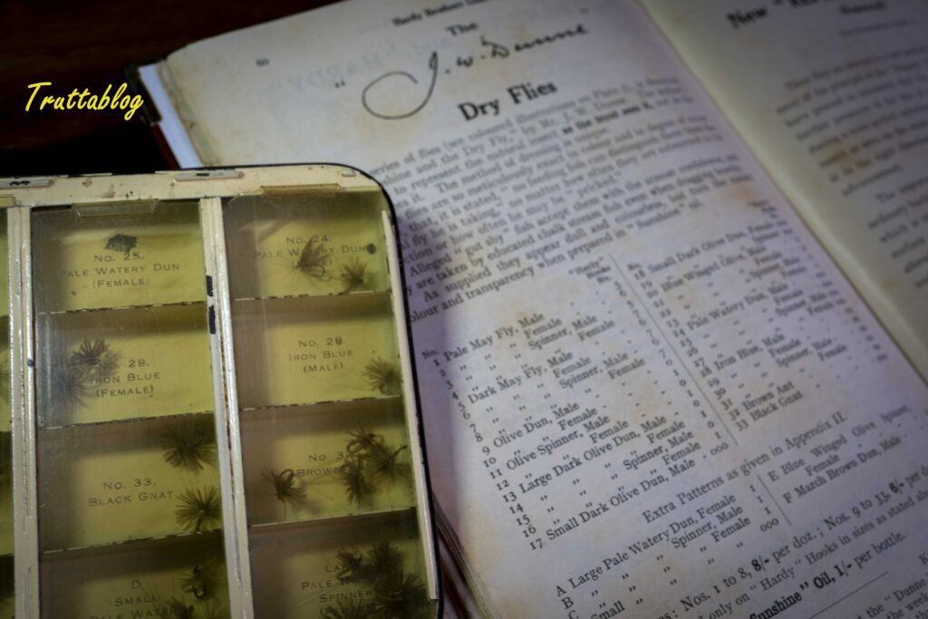 A collection of dry flies as advertised in the 1926 catalogue, pictured in 2026