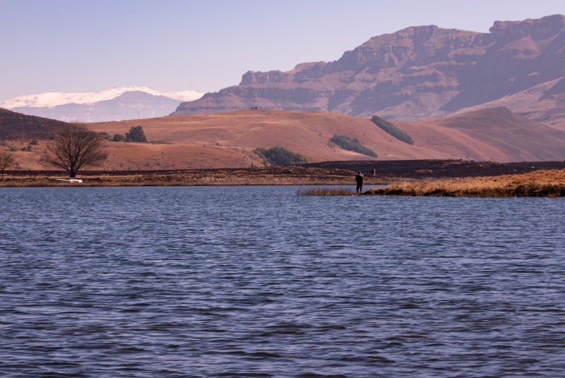 Flyfishing beneath the snow capped Drakensberg
